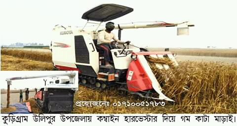 কুড়িগ্রামে কম্বাইন হারভেস্টার দিয়ে গম কাটা-মাড়াই